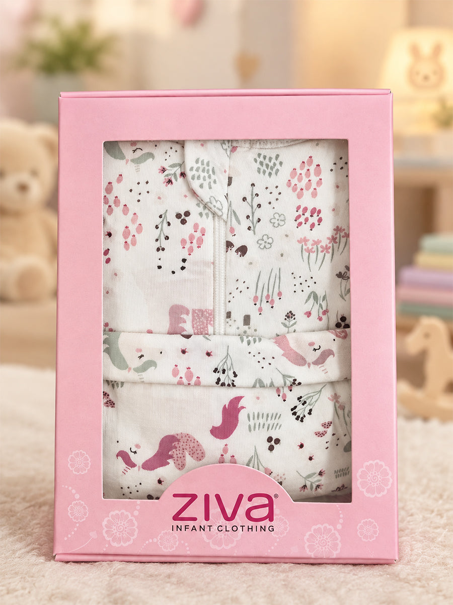 Ziva Baby Sleepsuit with Cap – Off White Unicorn Garden Print | Premium Knitted Cotton | Front Zip | Fold-Over Mittens & Integrated Booties