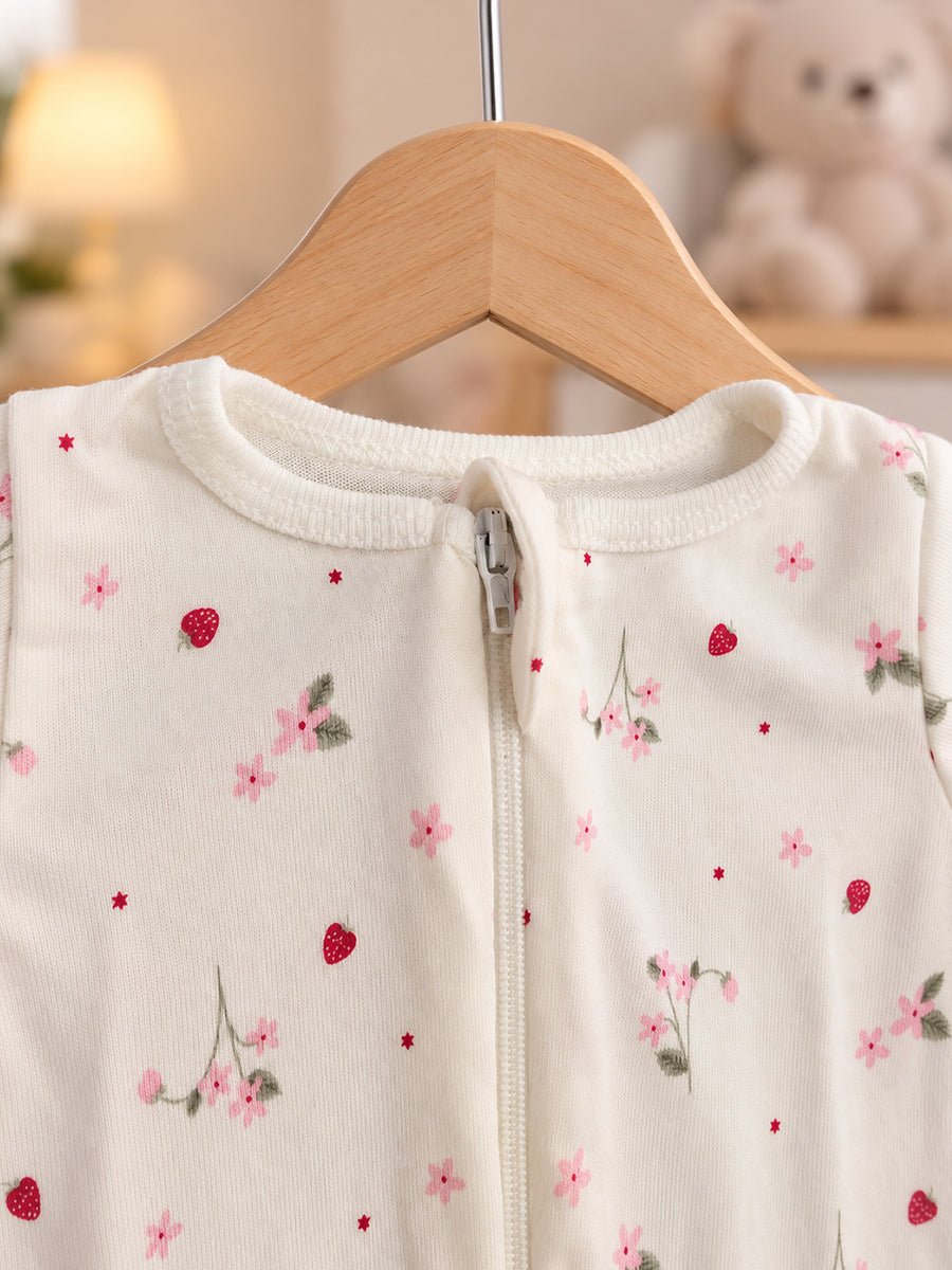 Ziva Baby Sleepsuit with Cap – Off White Tiny Strawberry Blossom Print | Premium Knitted Cotton | Front Zip | Fold-Over Mittens & Integrated Booties