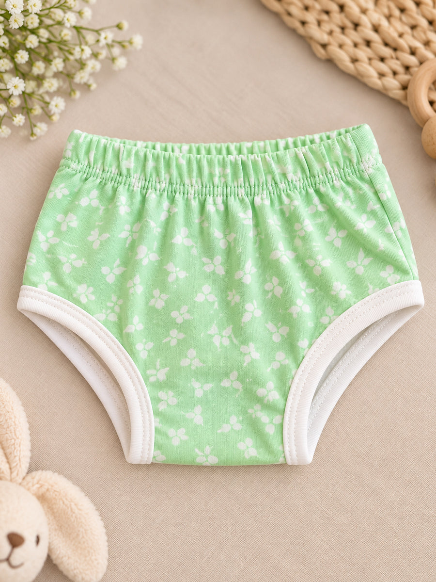 Ziva Baby Girl Frock with Pantie – Mint Green Tiny Floral Print | Premium Knitted Cotton | White Lace Yoke | 2-Piece Set