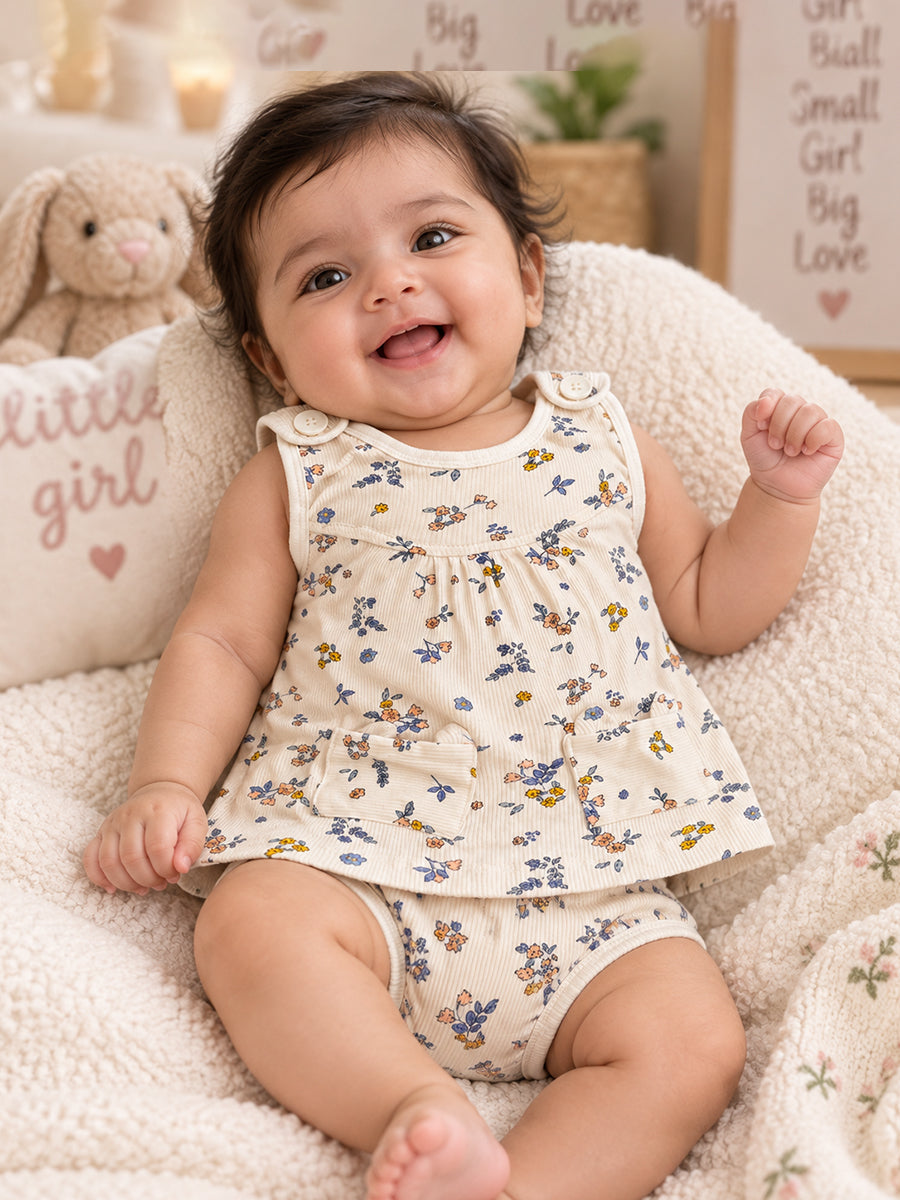 Ziva Baby Girl Frock with Pantie – Soft Ivory Tiny Floral Print | Premium Knitted Cotton | Shoulder Button & Front Pockets | 2-Piece Set