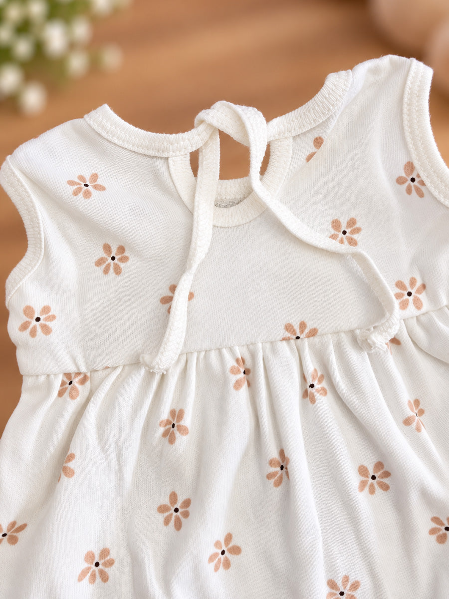 Ziva Baby Girl Frock with Pantie – Off White Beige Daisy Print | Premium Knitted Cotton | Back Knot Tie | 2-Piece Set