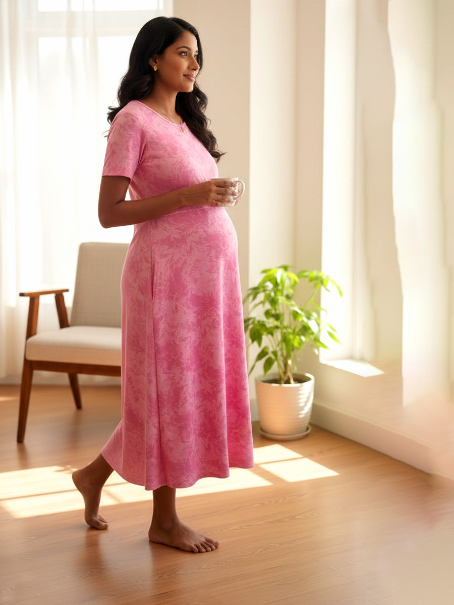 Zipless Maternity & Feeding Dress – Pink Marble Print | Ziva
