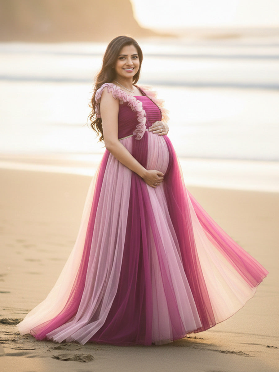 Wine & Pink Shaded Baby Shower & Photoshoot Gown with Pleated Yoke and Flowing Net Skirt