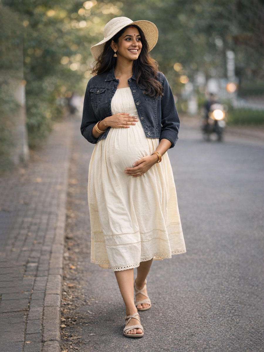Light Cream Cotton Mull Maternity & Nursing Midi Dress with Soft Lining and Dark Grey Denim Jacket