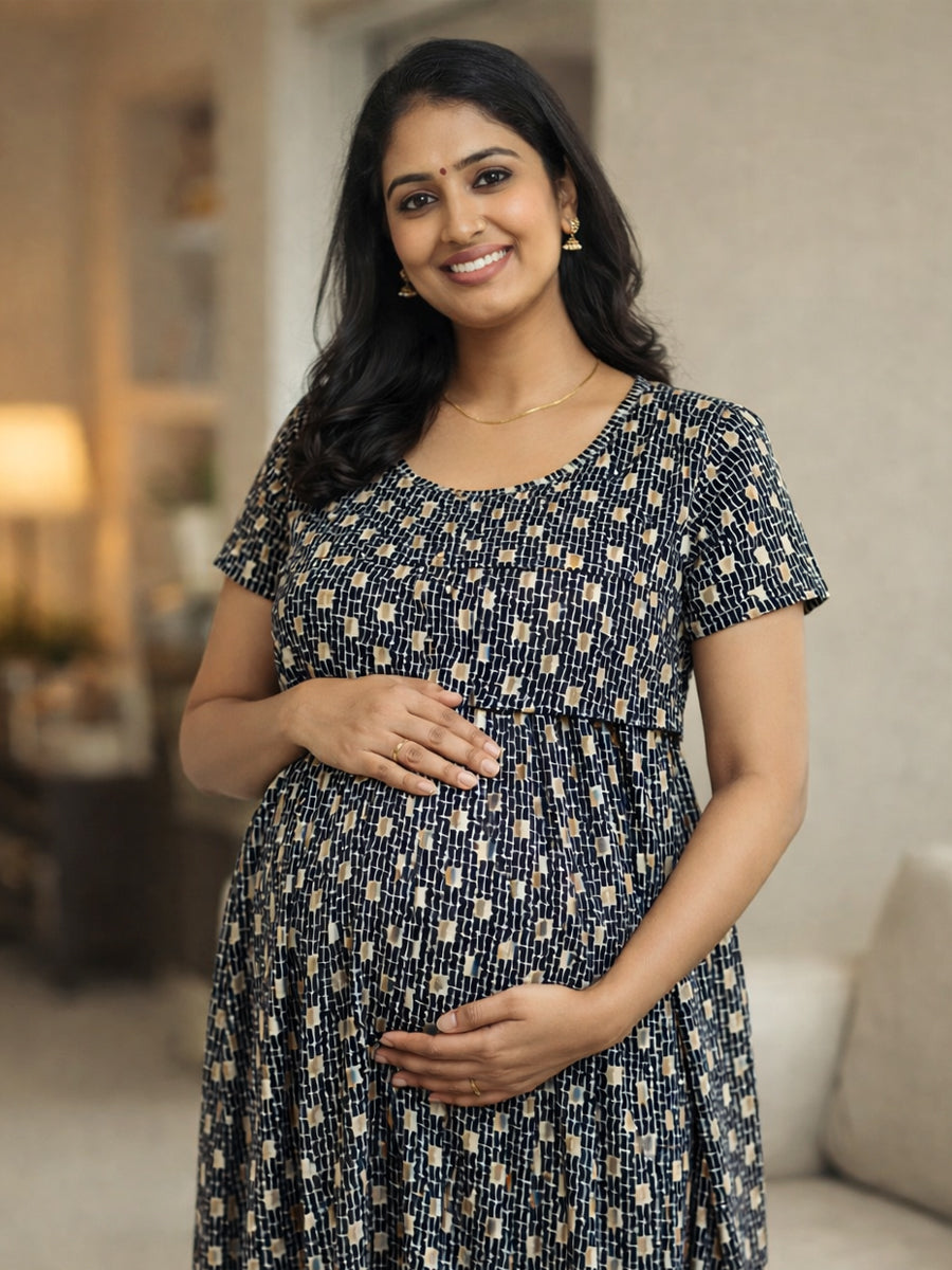 Ziva Light Cream Abstract Print (Black, Mustard Beige & Grey Blue) Zipless Gathers Nursing Maternity & Nursing Dress