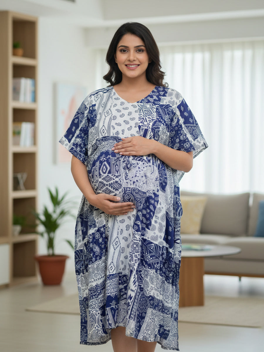 Light Blue Abstract Premium Maternity & Nursing Kaftan | Ziva