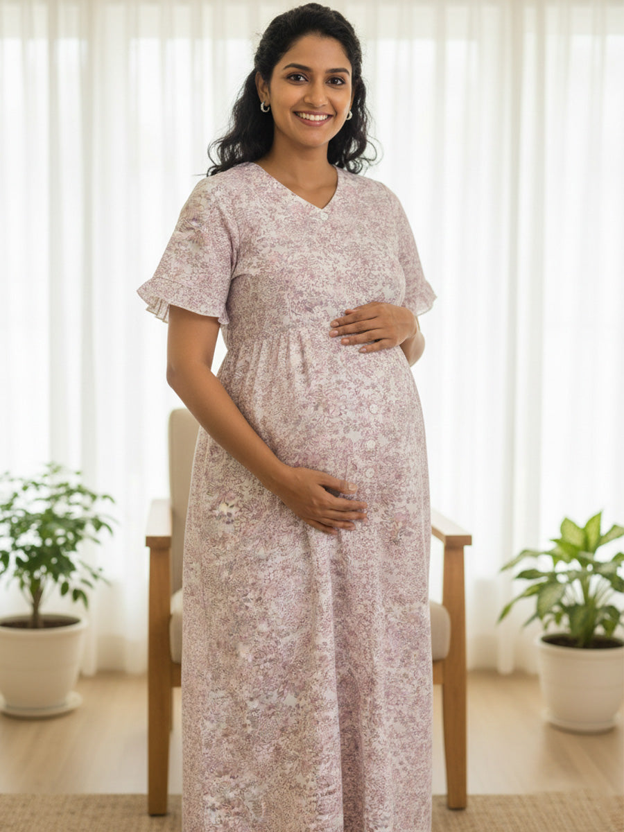Cotton Full Open Floral Maternity Nighty – Full Length White & Peach Floral Print | Ziva
