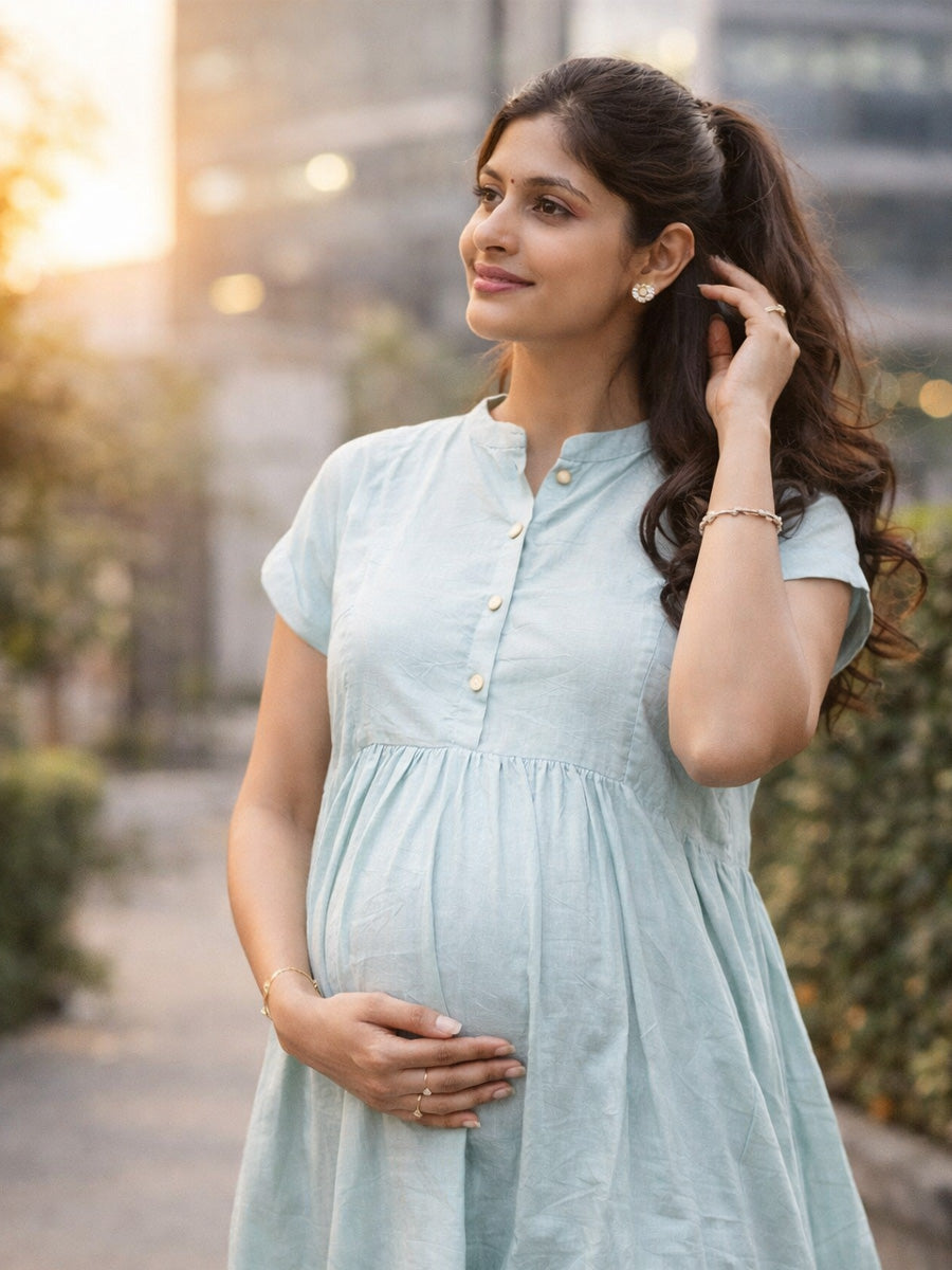 Ziva Pastel Teal Premium Crinkle Textured Maternity & Nursing Dress