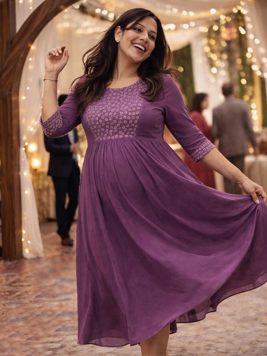 ZIVA Maternity & Feeding Elegant Purple Party Wear Dress with Pleated Yoke & D-Net Sleeves