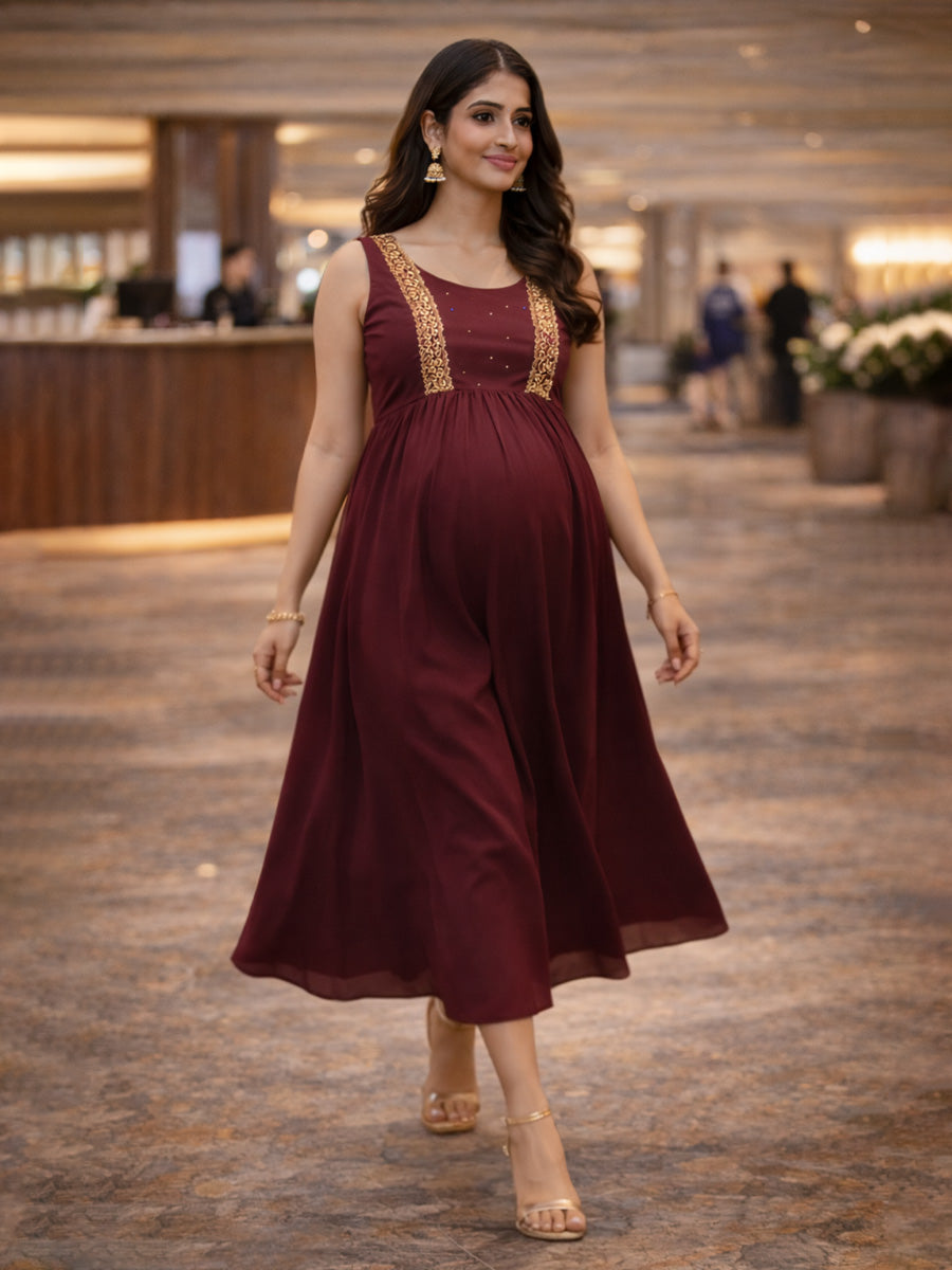 ZIVA Maroon Maternity & Feeding Multipurpose Party Wear & Photoshoot Gown with Peach D-Net Panels