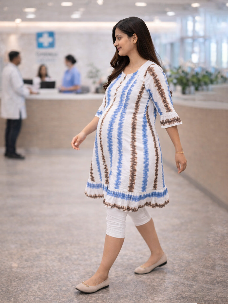ZIVA White Tie-Dye Rayon Maternity & Feeding Knee-Length Dress with Potli Button Yoke