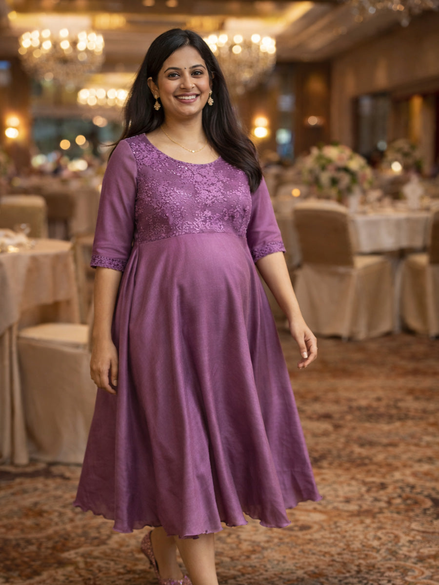 ZIVA Elegant Purple Maternity & Feeding Multi-Purpose Party Wear Dress with Princess Yoke & D-Net Sleeves