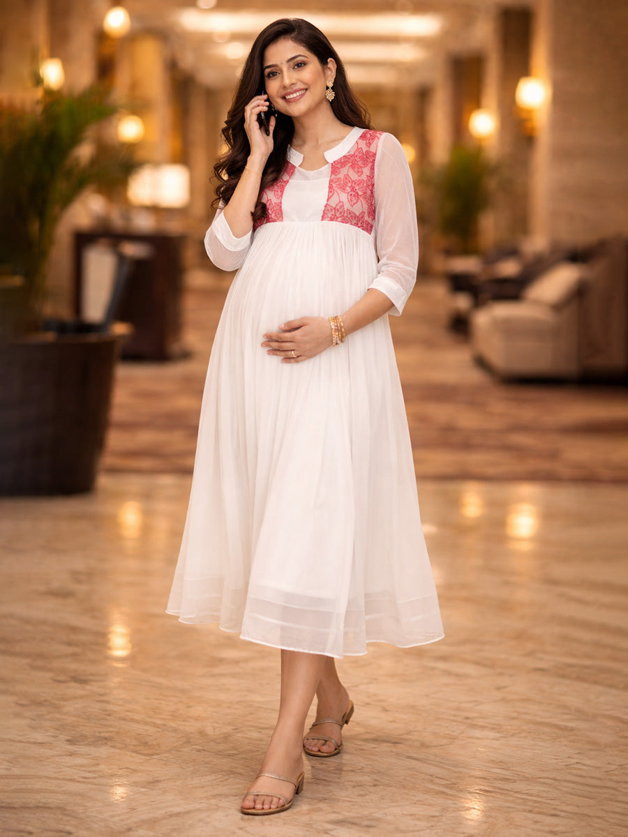 ZIVA Elegant White & Red Maternity & Feeding Party Wear Kurti with D-Net Embroidered Yoke