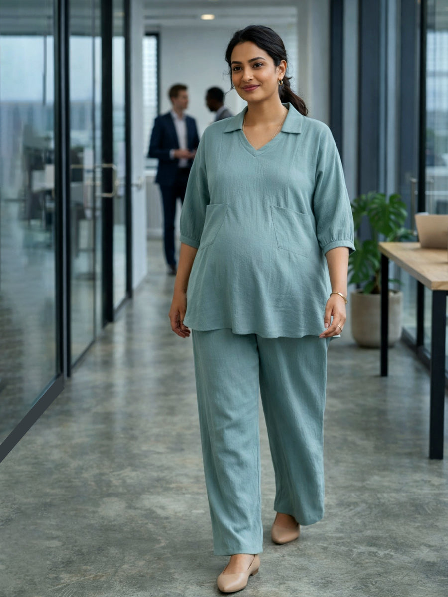 Ziva Maternity & Feeding Co-ord Set – Dull Teal Blue | Invisible Feeding Zips | Wide-Leg Adjustable Pants