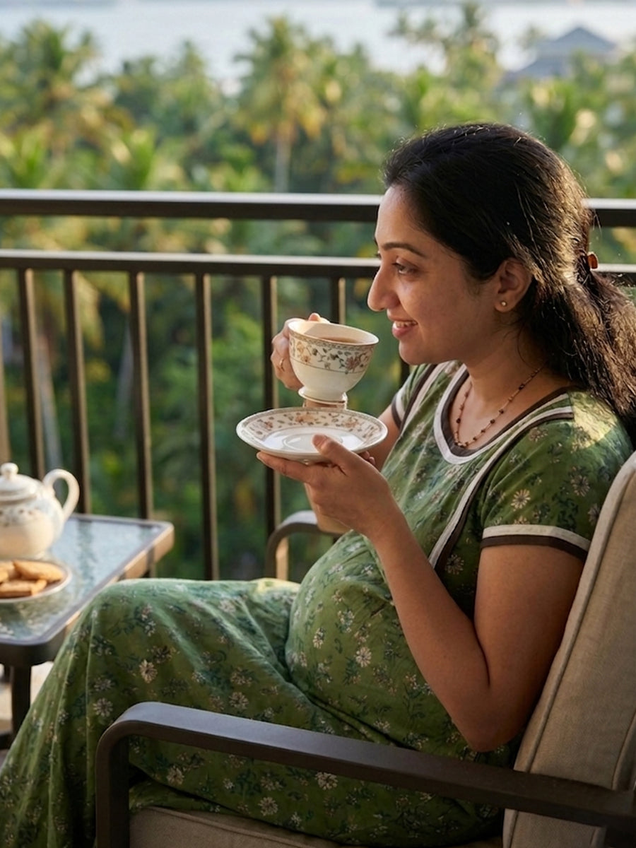 Ziva Maternity & Feeding Full-Length Night Gown – Dark Green Floral | Zipless Feeding | A-Line Comfort | Soft Lace Finish