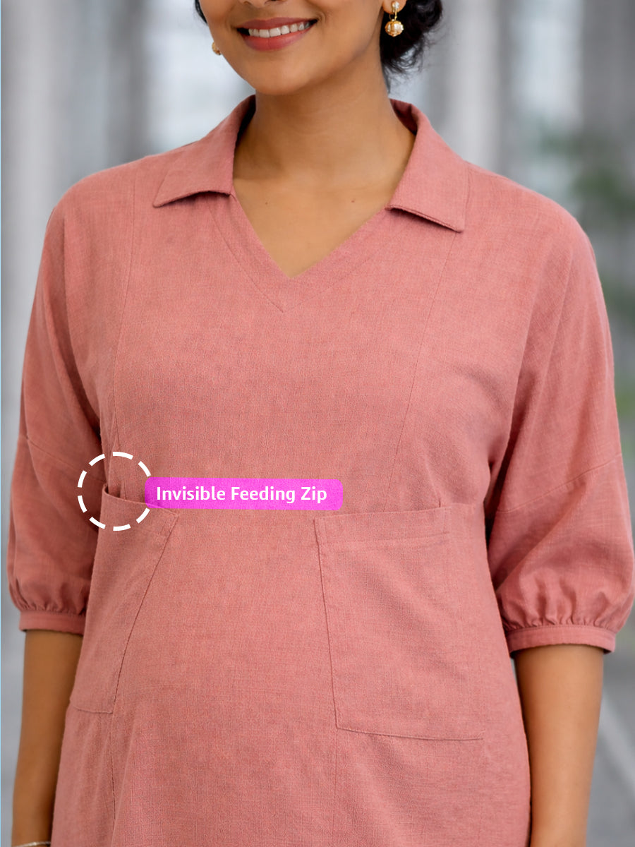Ziva Maternity & Feeding Co-ord Set with Invisible Nursing Zip & Wide-Leg Adjustable Pant – Peach Pink