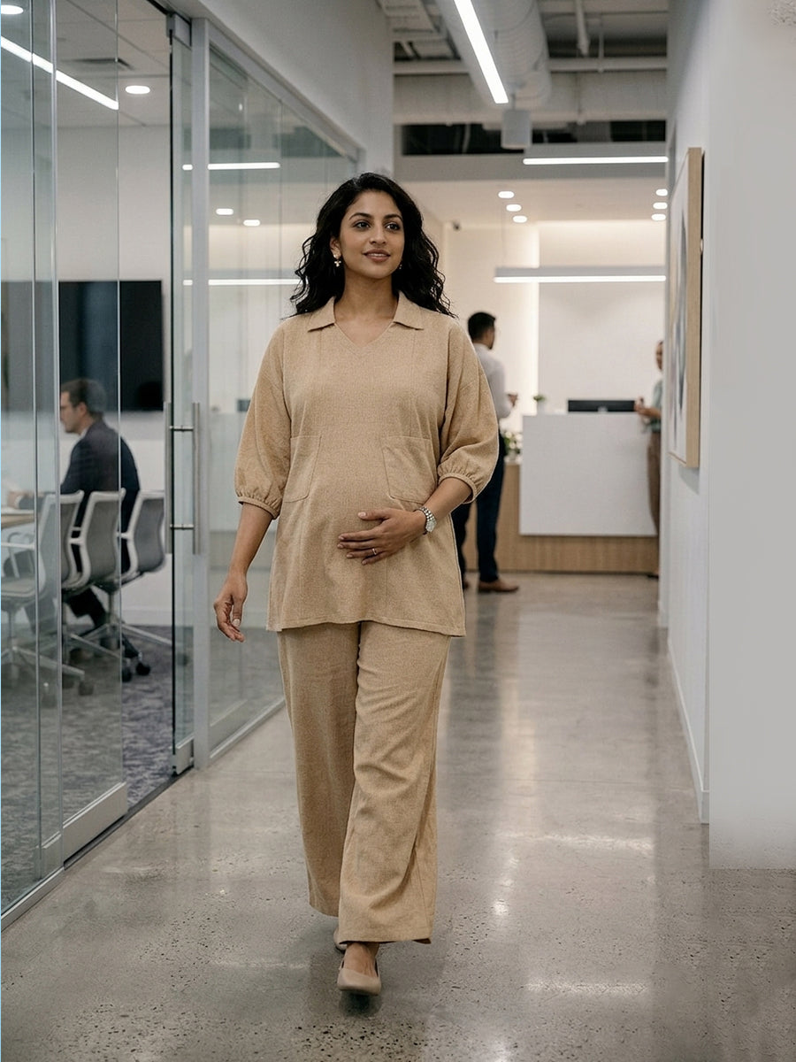 Ziva Maternity & Feeding Co-ord Set with Invisible Nursing Zip & Wide-Leg Adjustable Pant – Khaki
