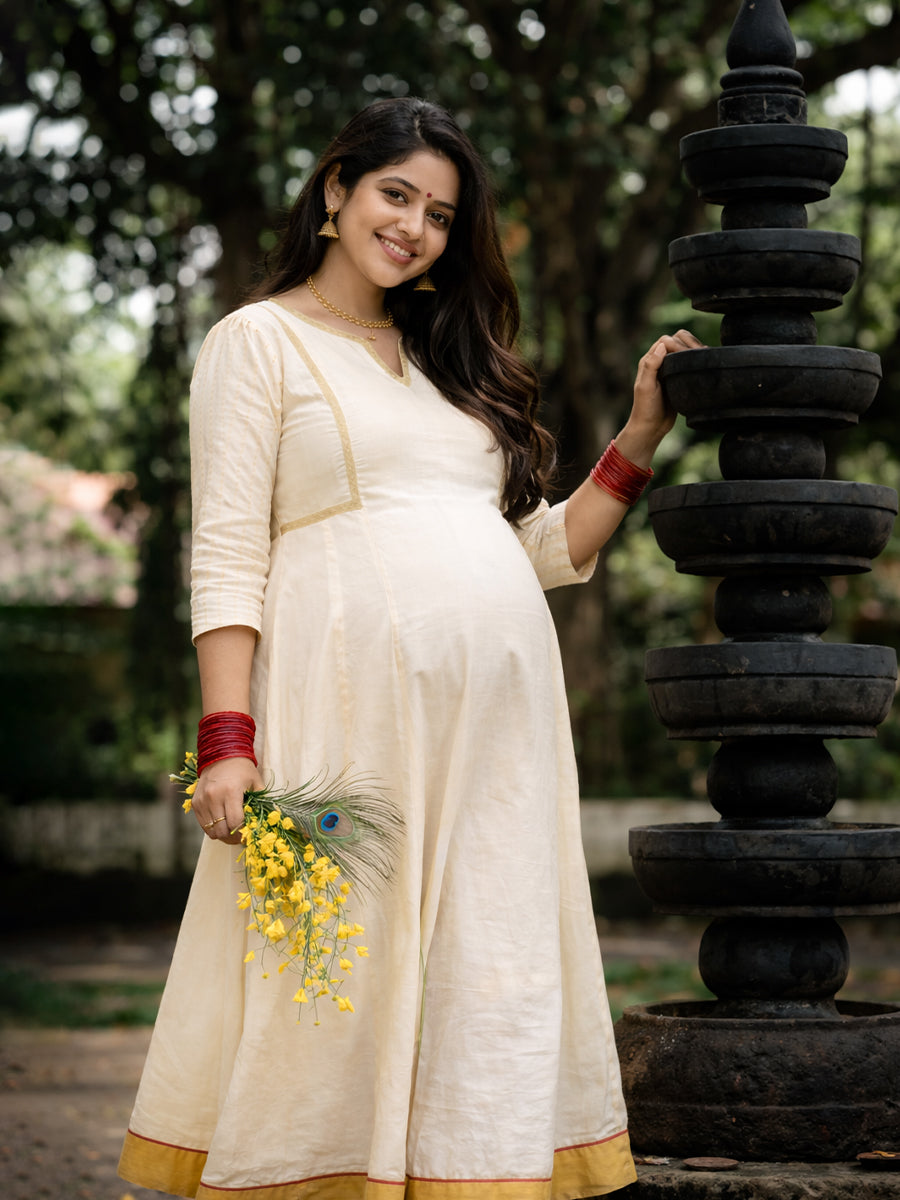 Ziva Maternity & Feeding Cotton Midi Dress with Concealed Zip – Off-White Vishu & Festive Collection