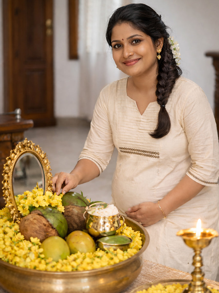 Ziva Maternity & Feeding Cotton Midi Dress with Lace Detail & Concealed Zip – Off-White Vishu & Festive Collection