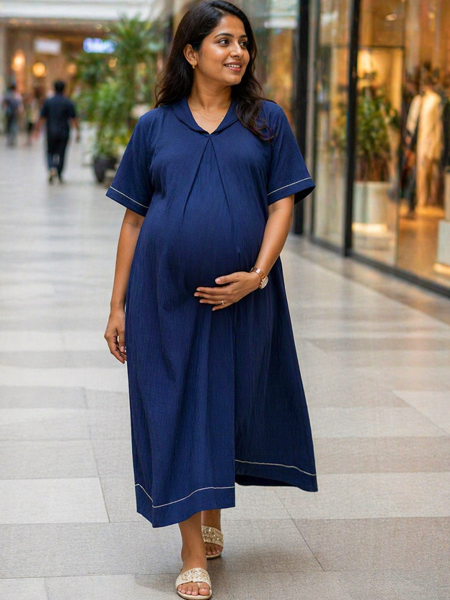 Ziva Maternity & Feeding A-Line Dress with Zip & Pocket – Deep Blue