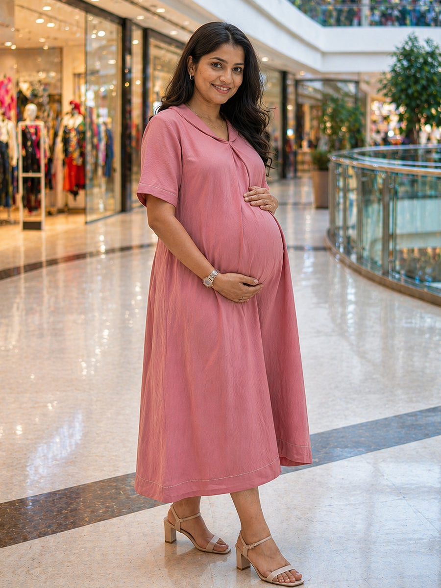 Ziva Maternity & Feeding  A-Line Dress with Zip & Pocket – Faded Pink
