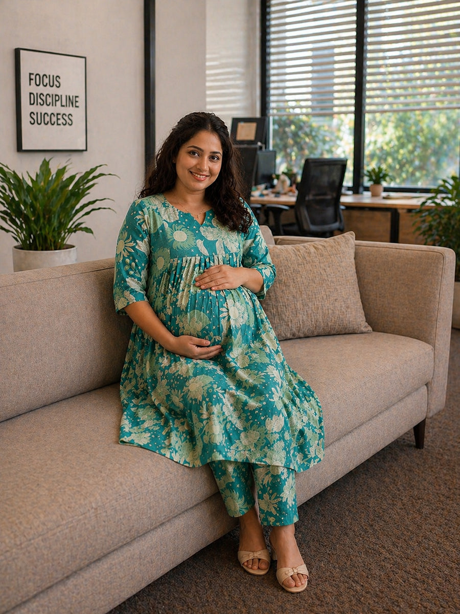 Ziva Maternity & Feeding Ethnic Co-ord Set with Nursing Zip & Wide-Leg Adjustable Pant – Green Floral