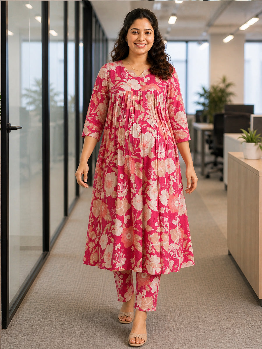 Ziva Maternity & Feeding Ethnic Co-ord Set with Nursing Zip & Wide-Leg Adjustable Pant – Pink Floral