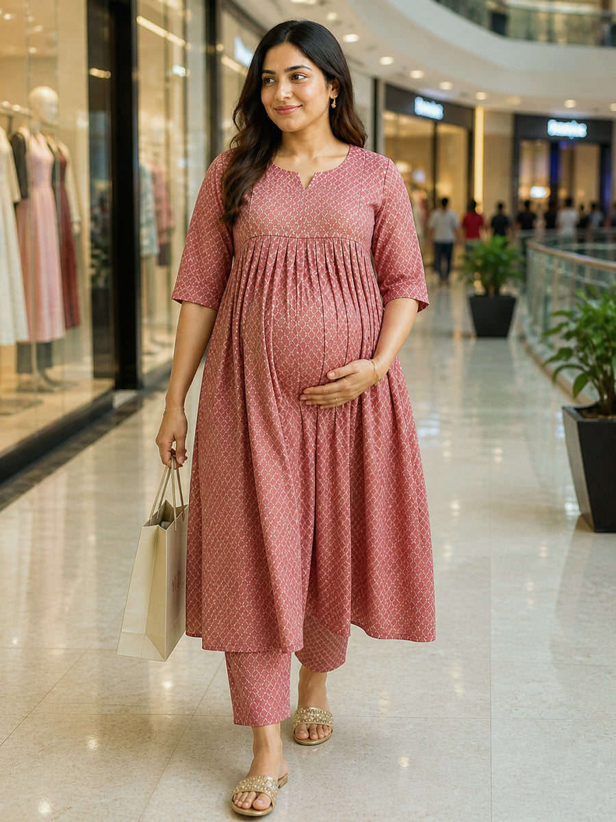 Ziva Maternity & Feeding Ethnic Co-ord Set with Nursing Zip & Wide-Leg Adjustable Pant – Dusty Rose Gold Print