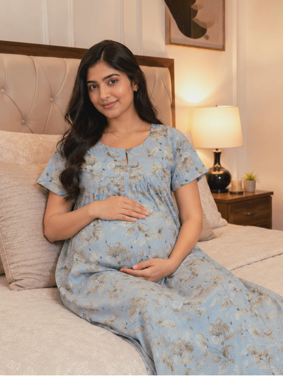 Ziva Maternity & Feeding Cotton Short Nighty with Zip & Pocket – Powder Blue Floral