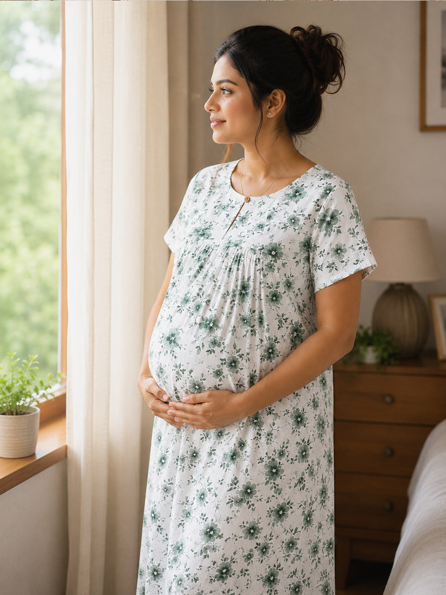 Ziva Maternity & Feeding Cotton Short Nighty with Zip & Pocket – White & Green Ditsy Floral