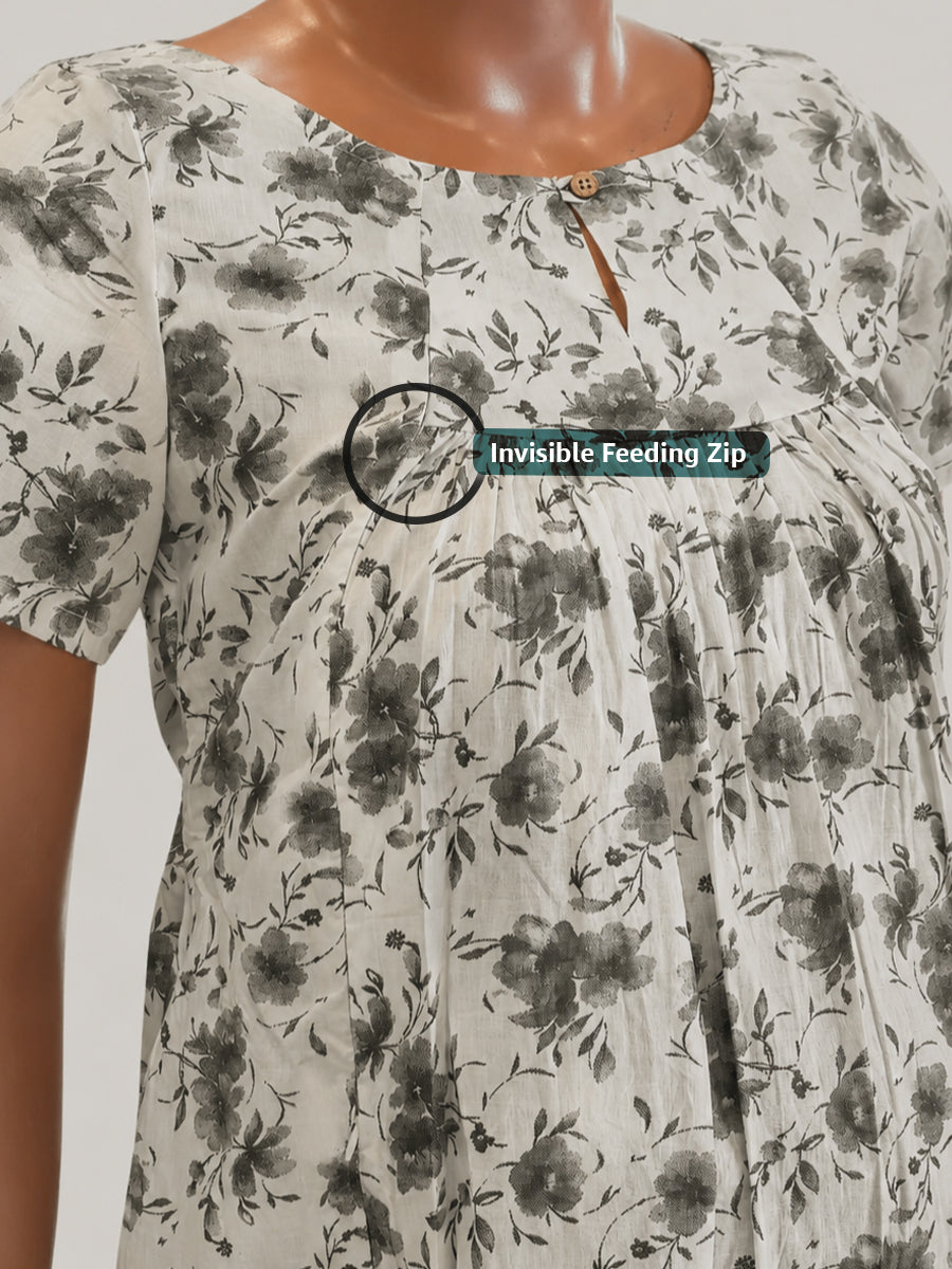 Ziva Maternity & Feeding Cotton Short Nighty with Zip & Pocket – White & Grey Ditsy Floral