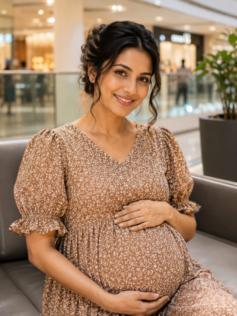 Ziva Maternity & Feeding Muslin Cotton  Dress with Invisible Feeding Zip & Pocket – Brown Ditsy Floral