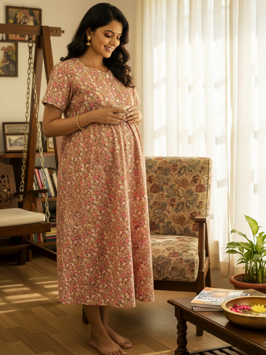 Cotton Full-Open Short Maternity Nighty – Light Brown Floral Print | ziva