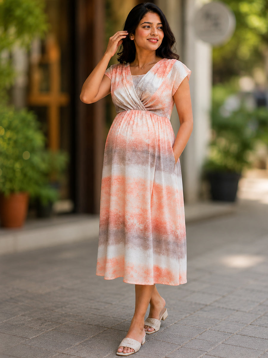Ziva Maternity & Feeding Knitted Cotton Midi Dress with Zipless Feeding Access & Pocket – Pastel Peach Ombre Tie-Dye