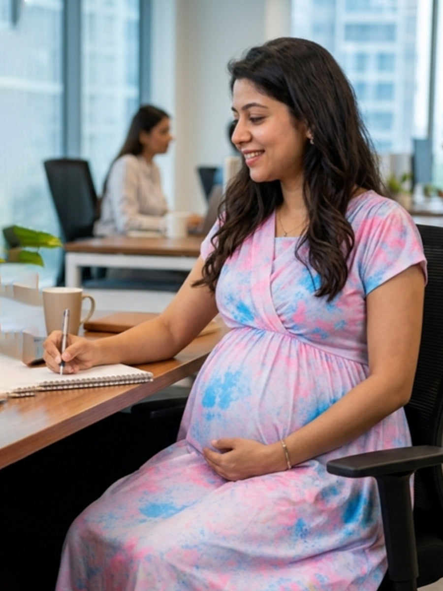 Ziva Maternity & Feeding Knit Cotton Midi Dress with Zipless Feeding Access & Pocket – Neon Peach Multi Tie-Dye