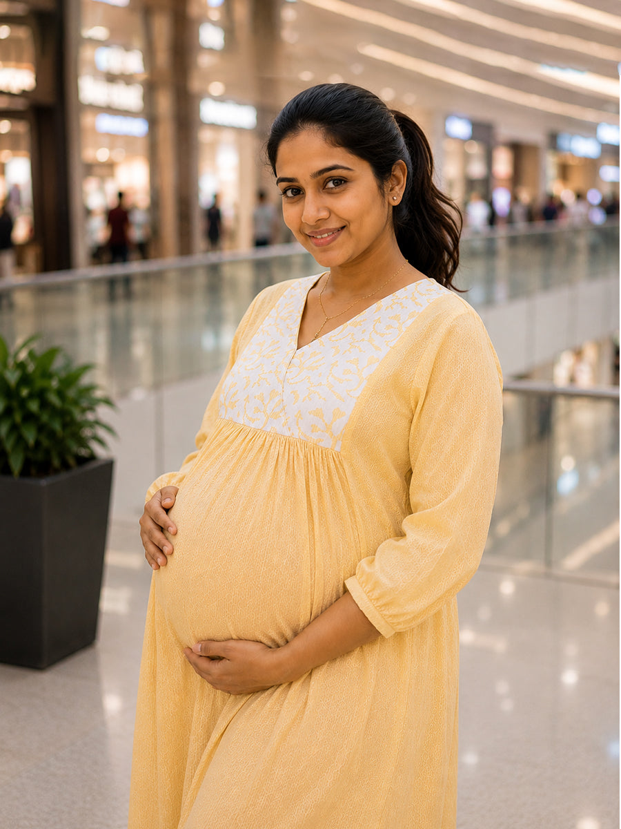 Ziva Maternity & Feeding Crushed Textured Shimmer Fabric Dress with Invisible Feeding Zip & Side Pocket – Yellow