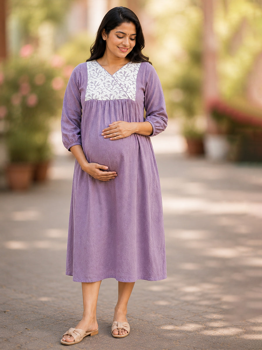 Ziva Maternity & Feeding Crushed Textured Shimmer Fabric Dress with Invisible Feeding Zip & Side Pocket – Dusty Mauve