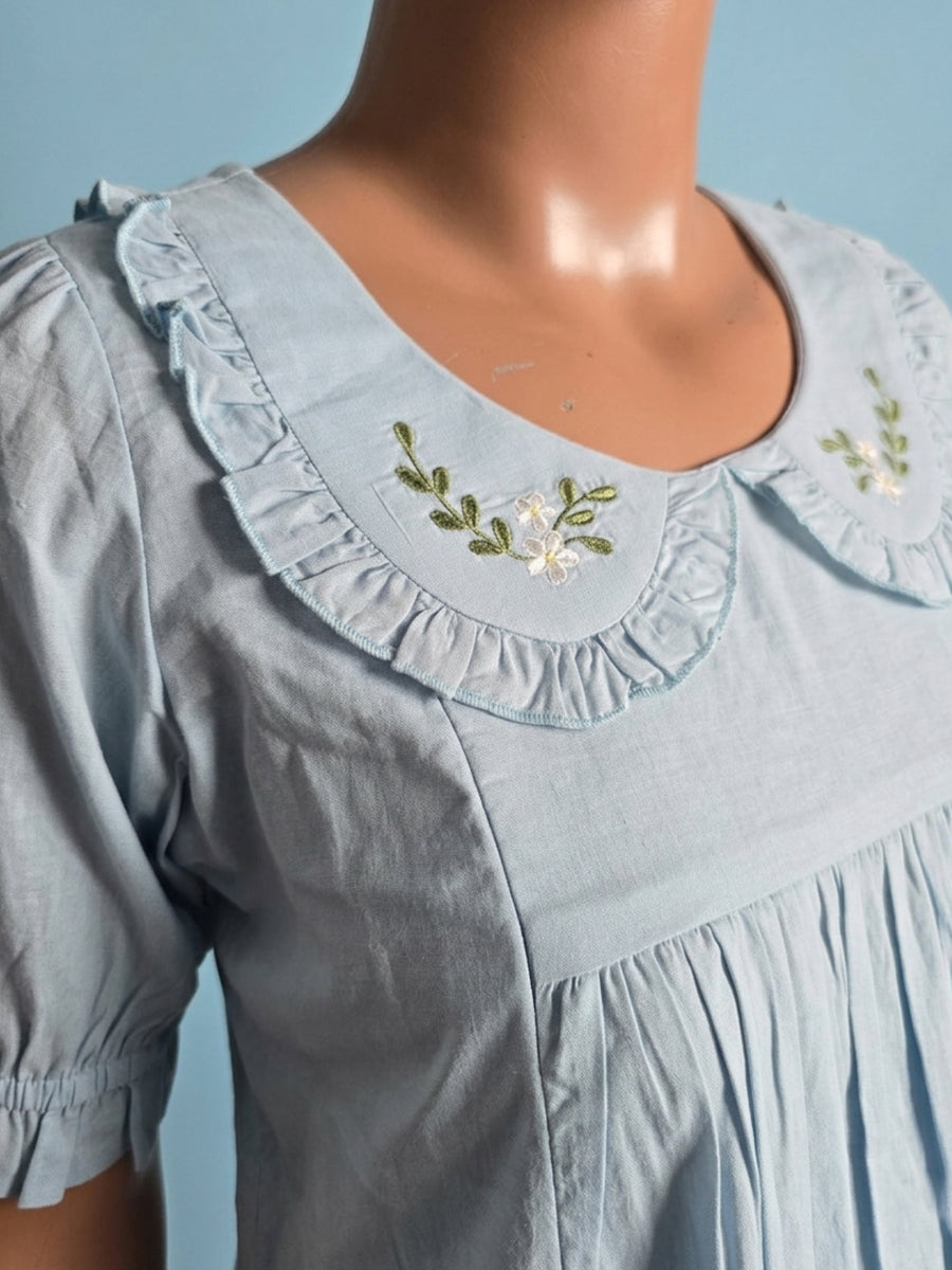 Ziva Maternity & Feeding Cotton Short Frock Nighty with Elegant Embroidered Peter Pan Collar, Invisible Feeding Zips & Pocket – Light Blue