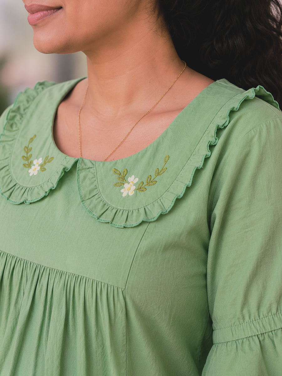 Ziva Maternity & Feeding Cotton Short Frock Nighty with Elegant Embroidered Peter Pan Collar, Invisible Feeding Zips & Pocket – Sage Green