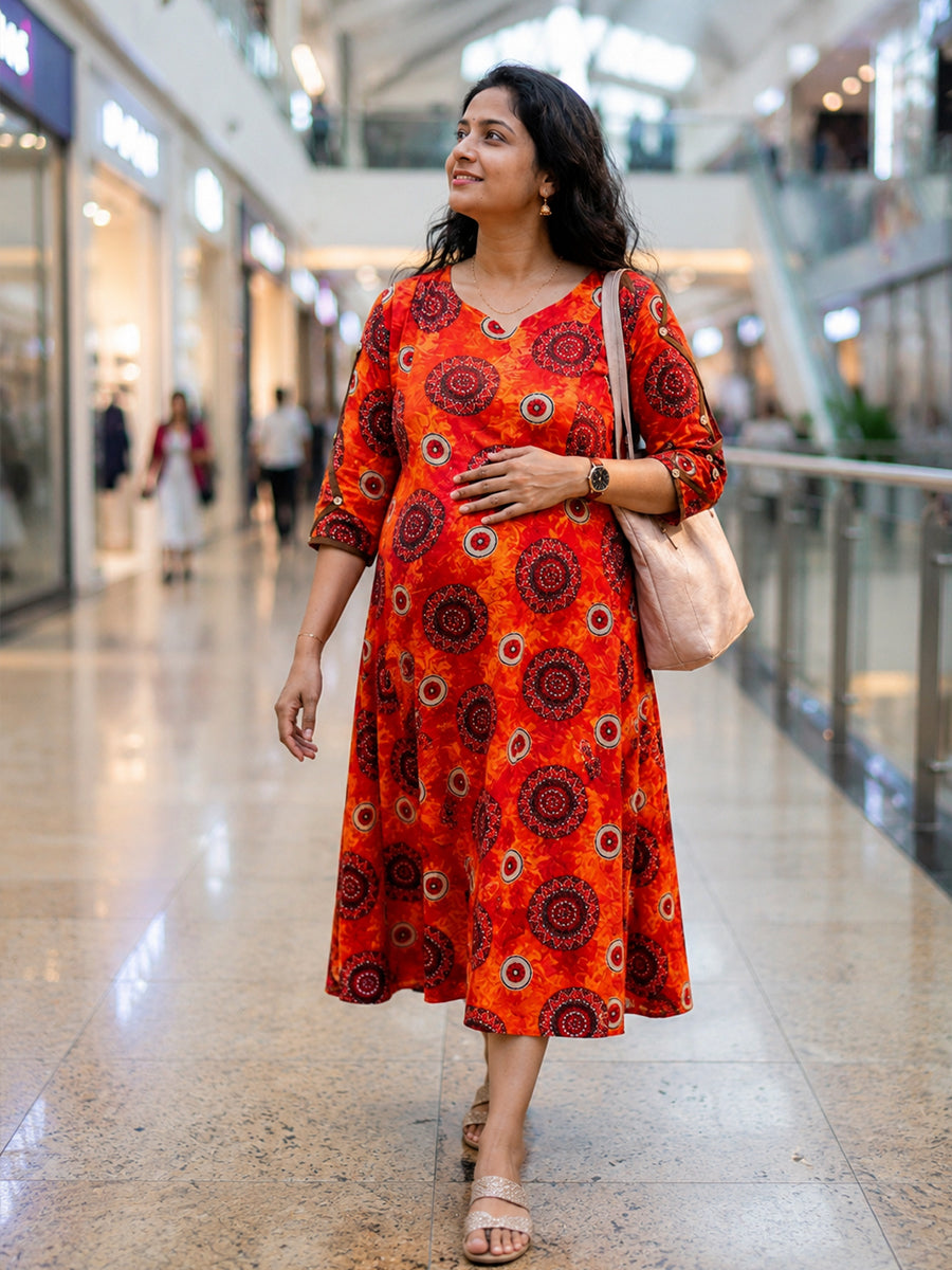Ziva Maternity & Feeding Cotton Kurta with Double Side Feeding Zip – Burnt Orange Red Ethnic Mandala Print