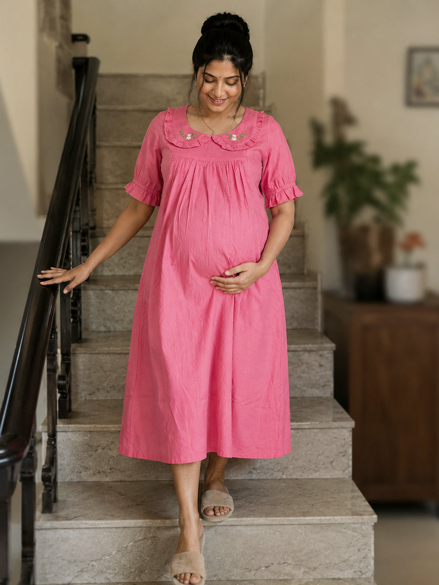 Ziva Maternity & Feeding Cotton Short Frock Nighty with Elegant Embroidered Peter Pan Collar, Invisible Feeding Zips & Pocket – Rosy Peach