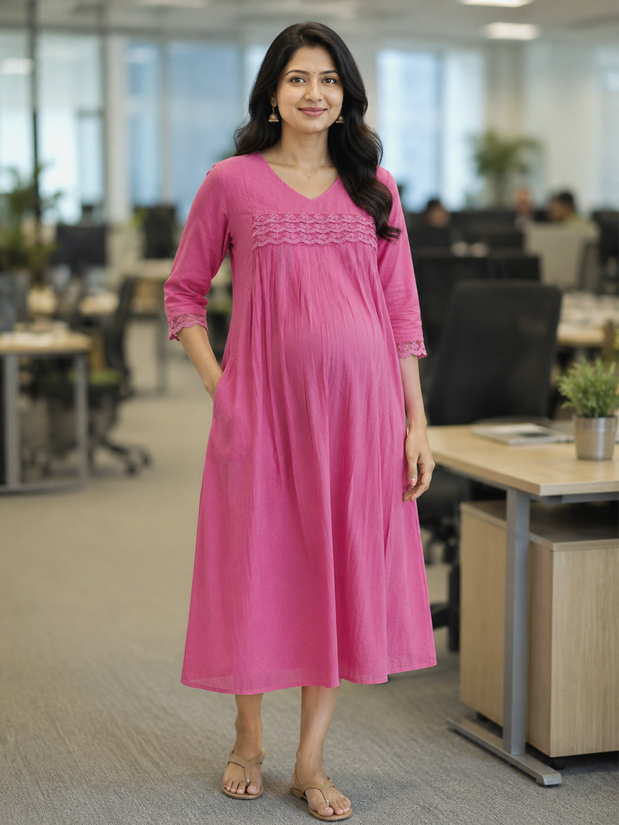 Ziva Maternity & Feeding Slub Grain Textured Dress with Invisible Feeding Zips, Crochet Lace Detailing & Pocket – Rose