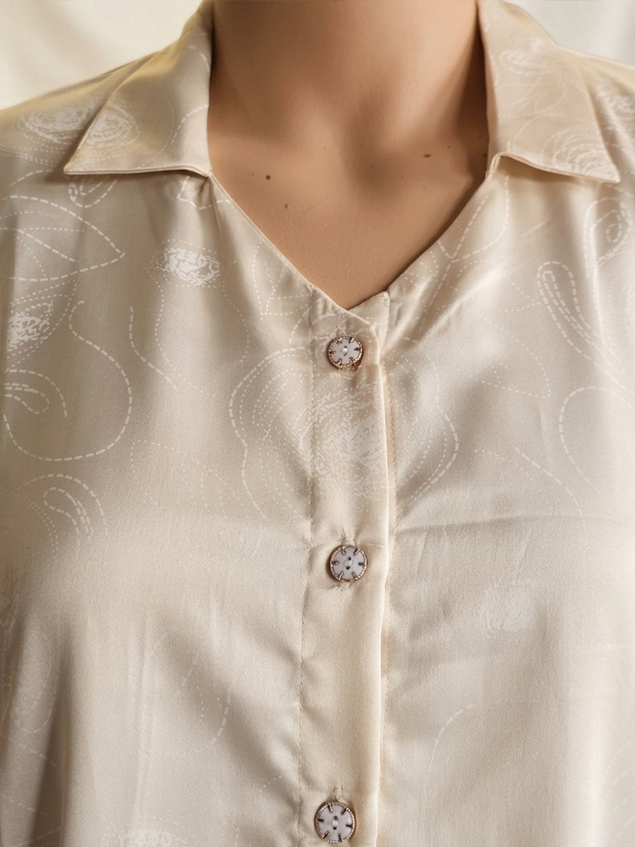 Ziva Maternity & Feeding Satin Shirt Dress with Full Open Front, Collar Neck & Pocket – Beige Printed