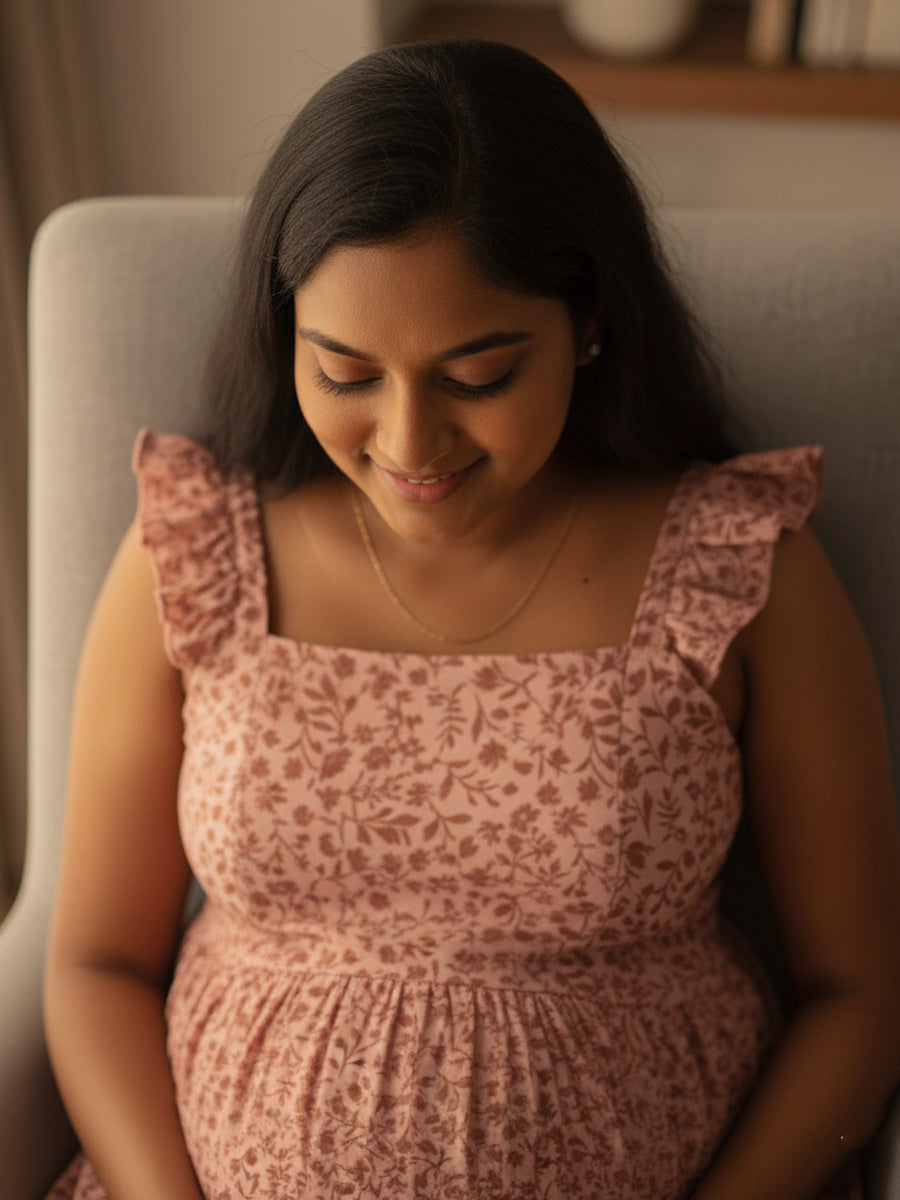 Pink Floral Nursing Dress – Muslin Ruffle Butterfly Sleeves by Ziva