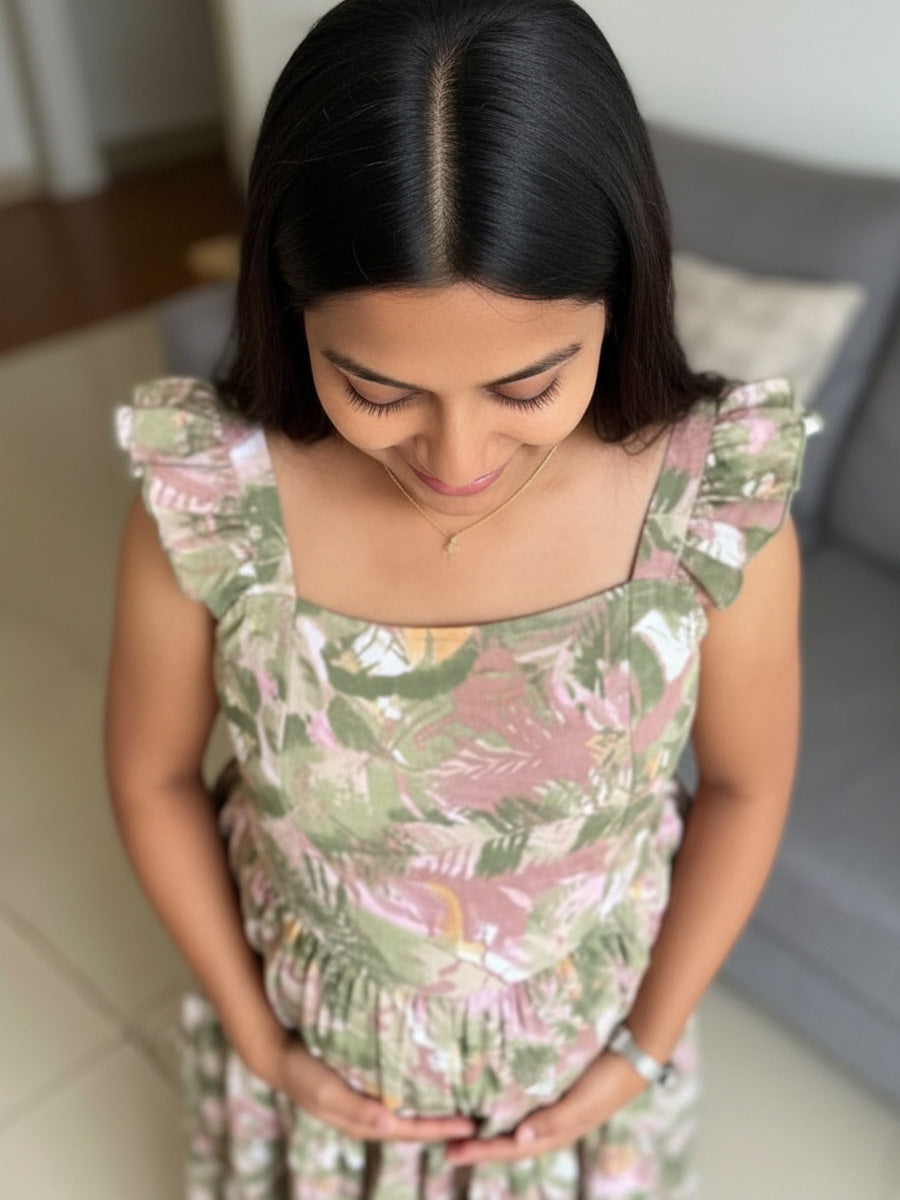 Green Floral Nursing Dress – Muslin Ruffle Butterfly Sleeves by Ziva