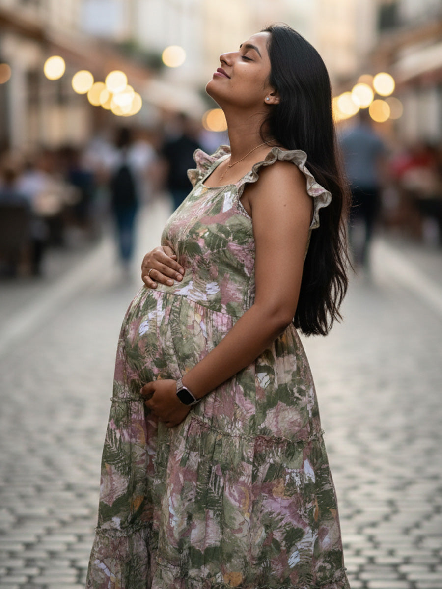 Green Floral Nursing Dress – Muslin Ruffle Butterfly Sleeves by Ziva