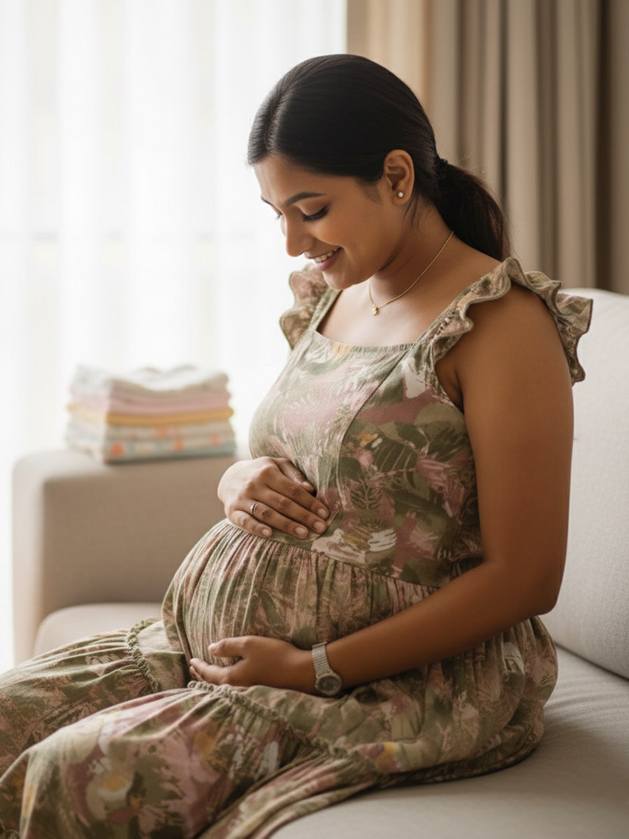 Green Floral Nursing Dress – Muslin Ruffle Butterfly Sleeves by Ziva