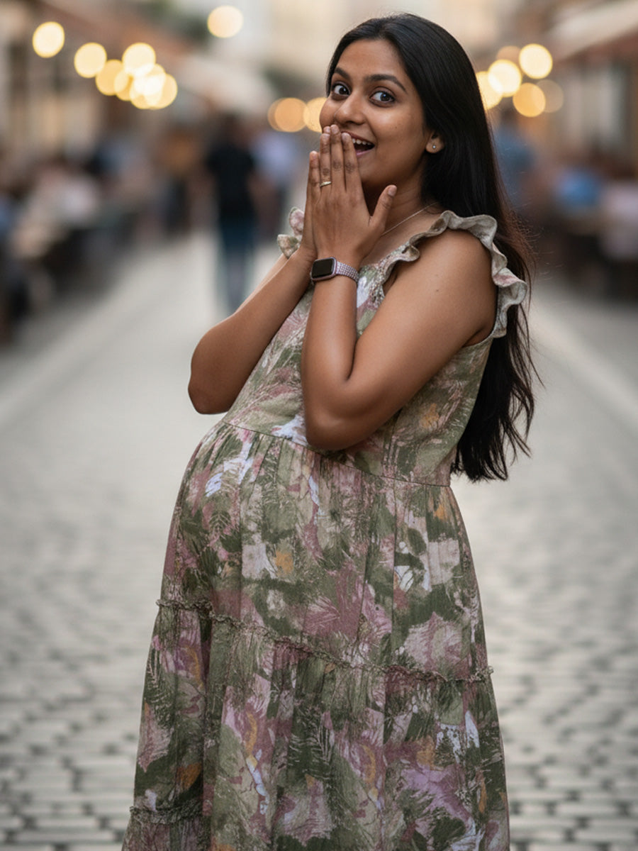 Green Floral Nursing Dress – Muslin Ruffle Butterfly Sleeves by Ziva