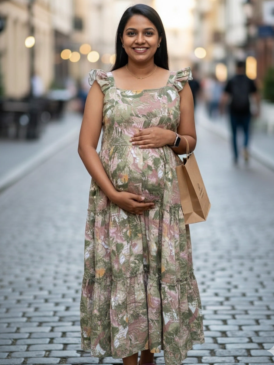 Green Floral Nursing Dress – Muslin Ruffle Butterfly Sleeves by Ziva