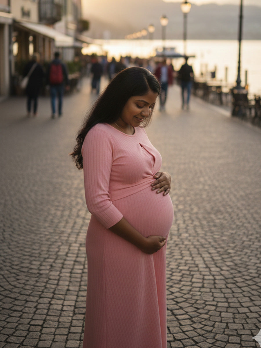 Pink Solid Twisty Knit Cotton Maternity Dress – Zipless Feeding Access | Ziva